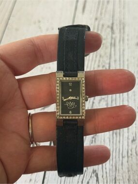 Roxy Black Leather Strap Crystal-Trim Rectangle Watch